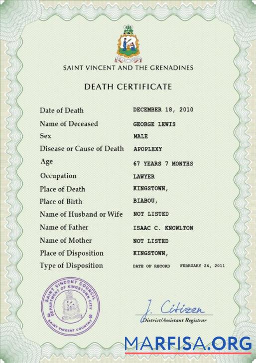 Downloadable Saint Vincent and the Grenadines death certificate PSD template